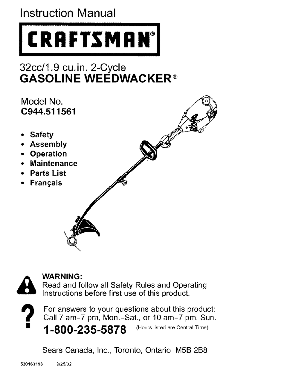 CRAFTSMAN WEEDWACKER C944.511561 INSTRUCTION MANUAL Pdf Download