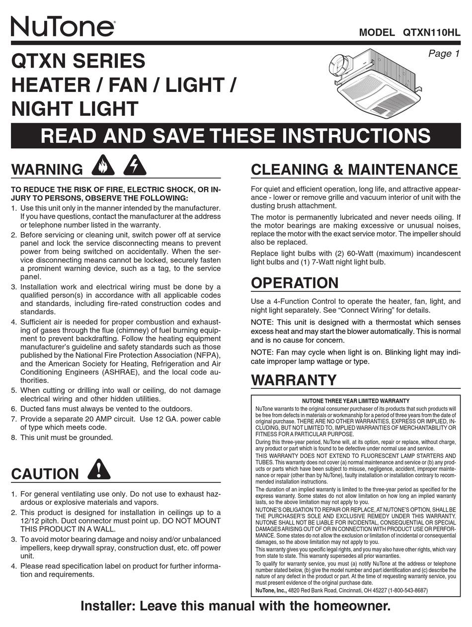 NUTONE QTXN110HL INSTRUCTIONS MANUAL Pdf Download ManualsLib