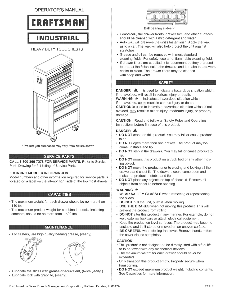 CRAFTSMAN HEAVY DUTY TOOL CHESTS OPERATOR'S MANUAL Pdf Download