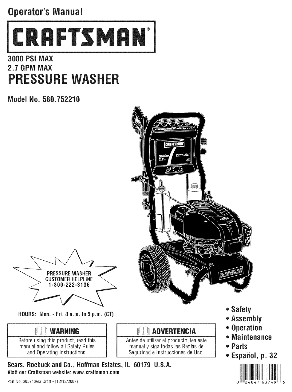 Craftsman Model 580 Pressure Washer Manual