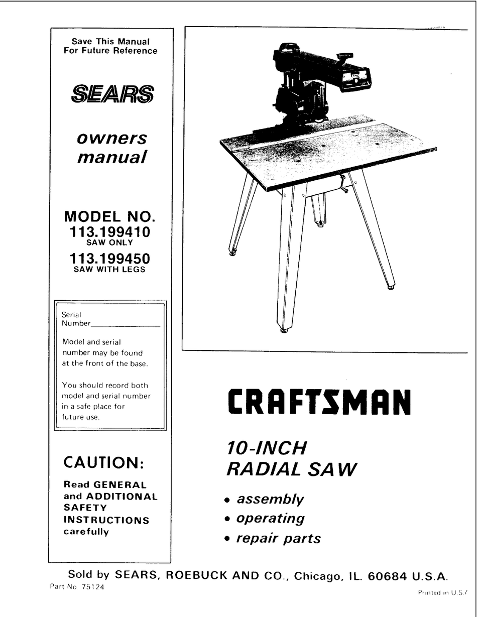 Sears Craftsman  Radial Arm Saw Manual No.113.19771 