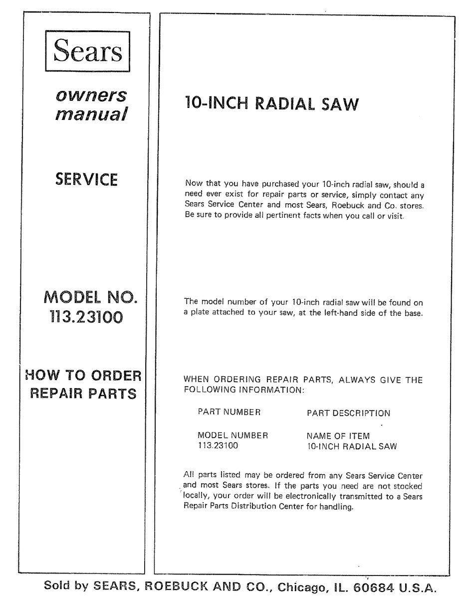 Sears Craftsman 9" Radial Arm Saw Manual No.113.29342