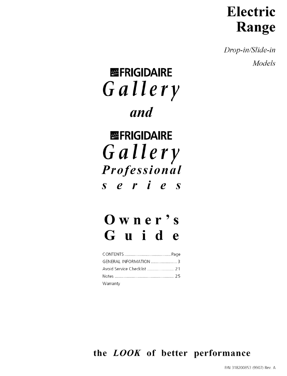 Frigidaire Gallery Series Owner S Manual Pdf Download Manualslib