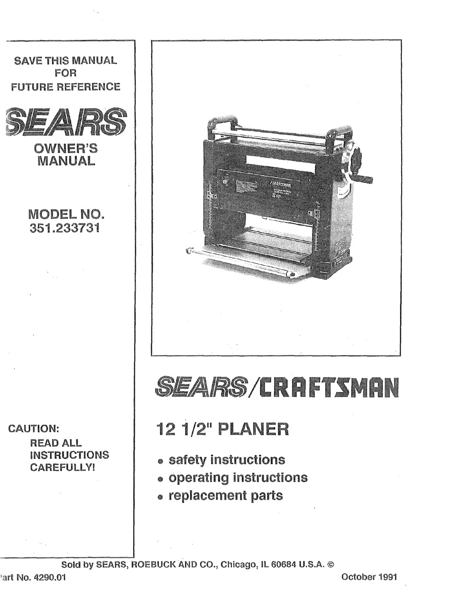 Sears Craftsman Planer Molder 306.233901,306.233791,306.233751 Owner Manual 1477 