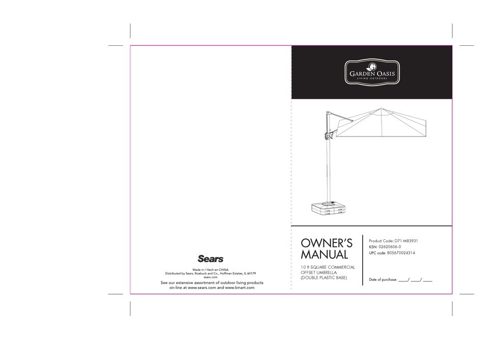 Garden Oasis 10 Ft Square Commercial Offset Umbrella Owner S Manual Pdf Download Manualslib