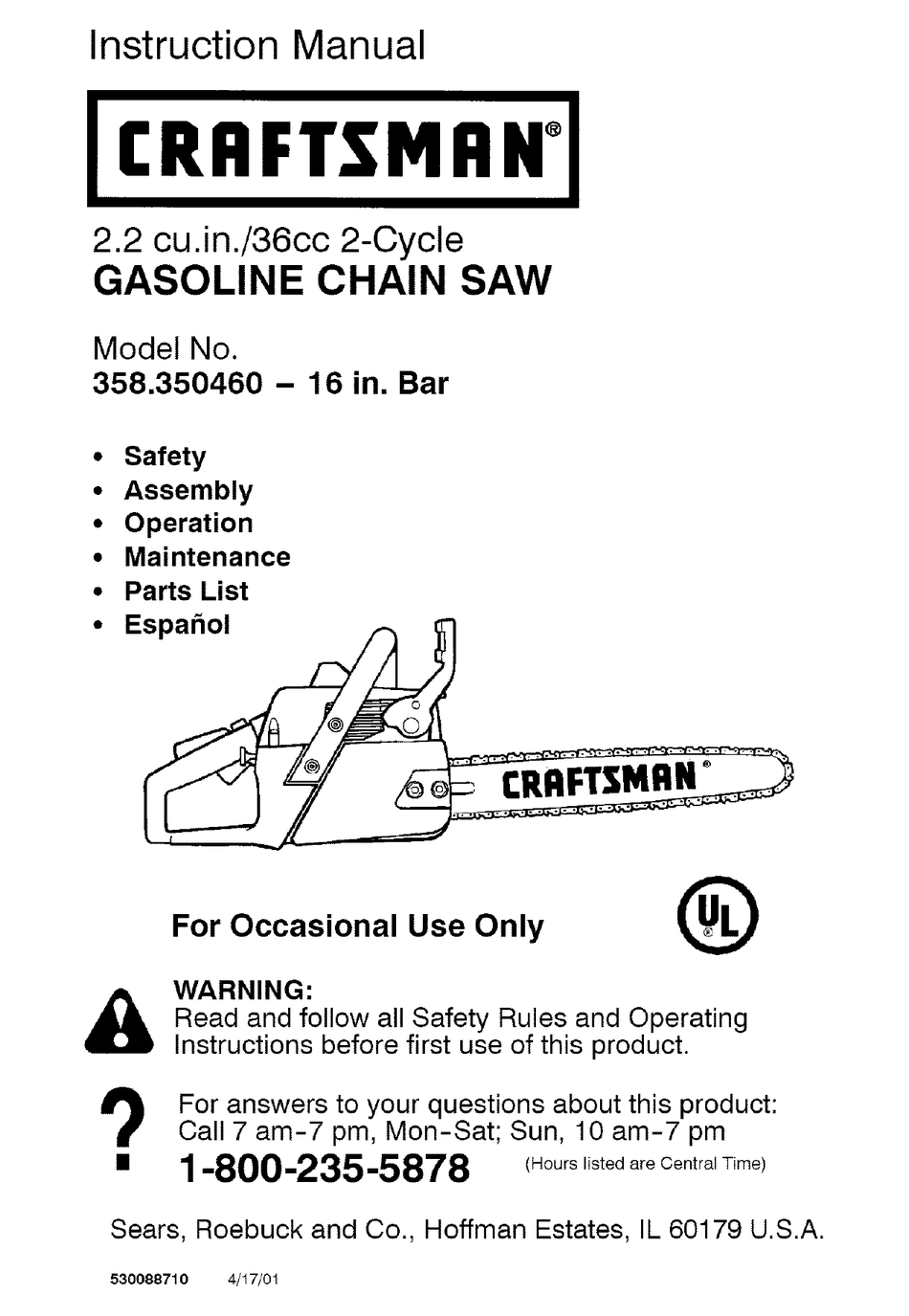 Details about   Craftsman 358350460 358.350460 36cc 16'' Gasoline Chain Saw carburetor carb 