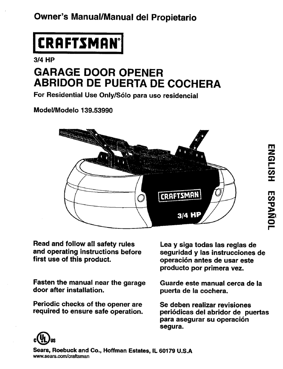 Craftsman 139 53990 Owner S Manual Pdf, 3 4 Hp Craftsman Garage Door Opener Wiring Diagram