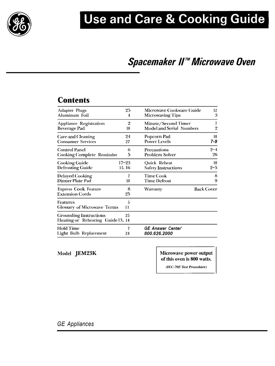 GE SPACEMAKER II JEM23K USE AND CARE & COOKING MANUAL Pdf Download