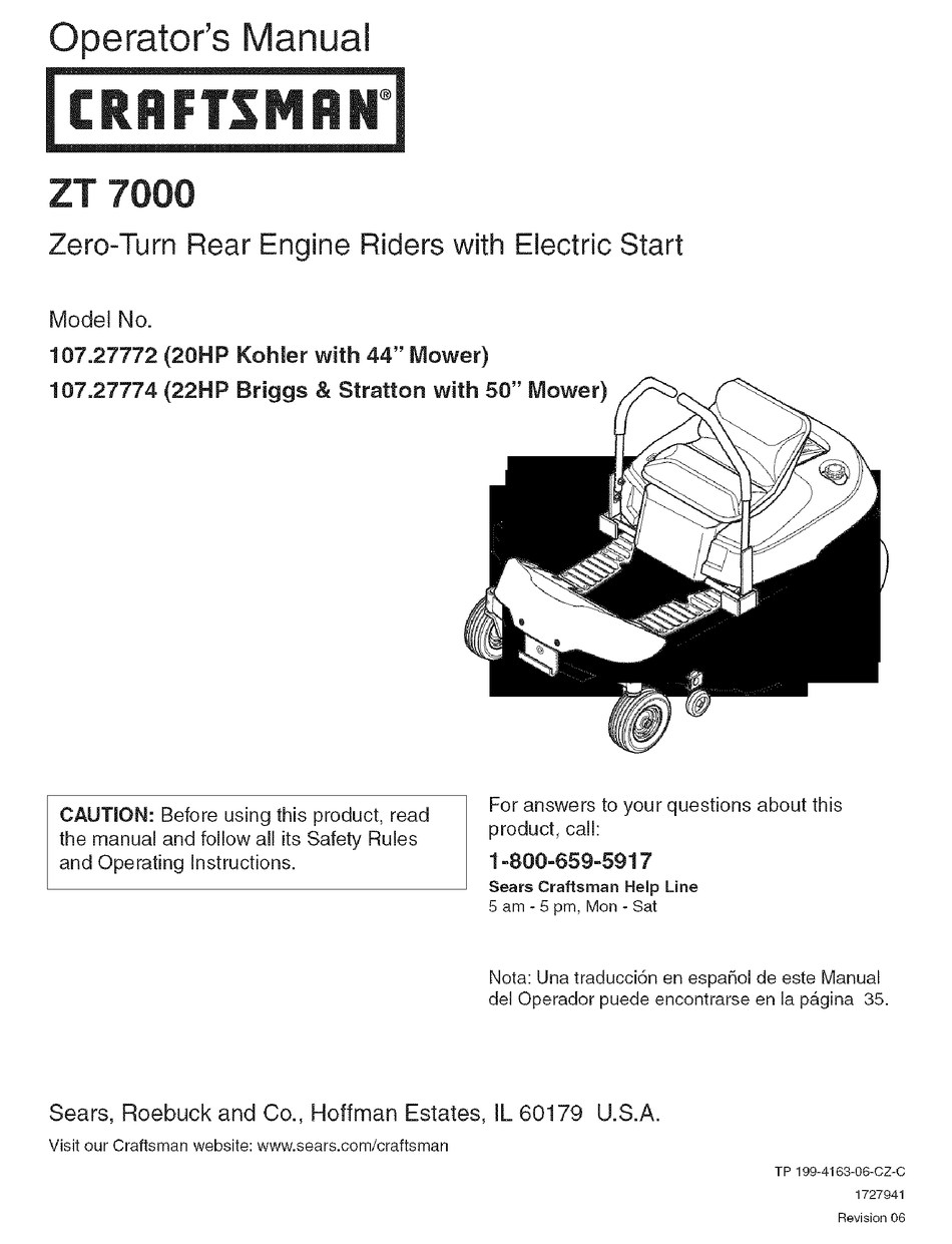 CRAFTSMAN ZT 7000 OPERATOR'S MANUAL Pdf Download | ManualsLib