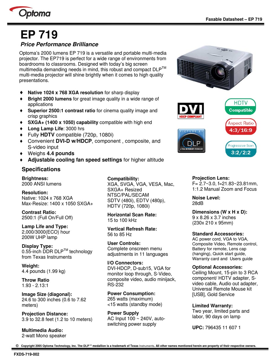 Optoma EP719 DLP Projector Specs