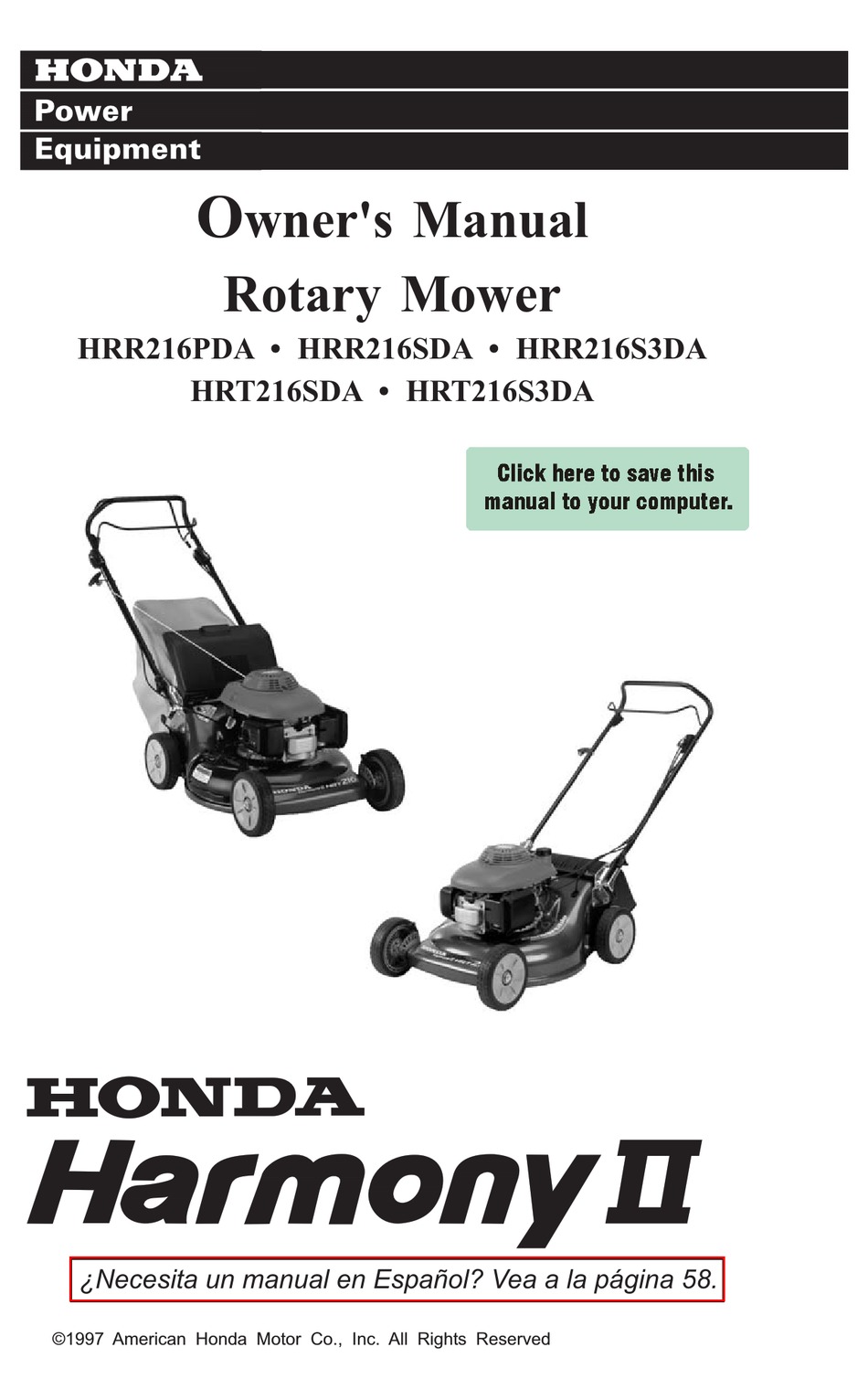 Honda Hrt216sda Harmony Ii Owner S Manual Pdf Download Manualslib