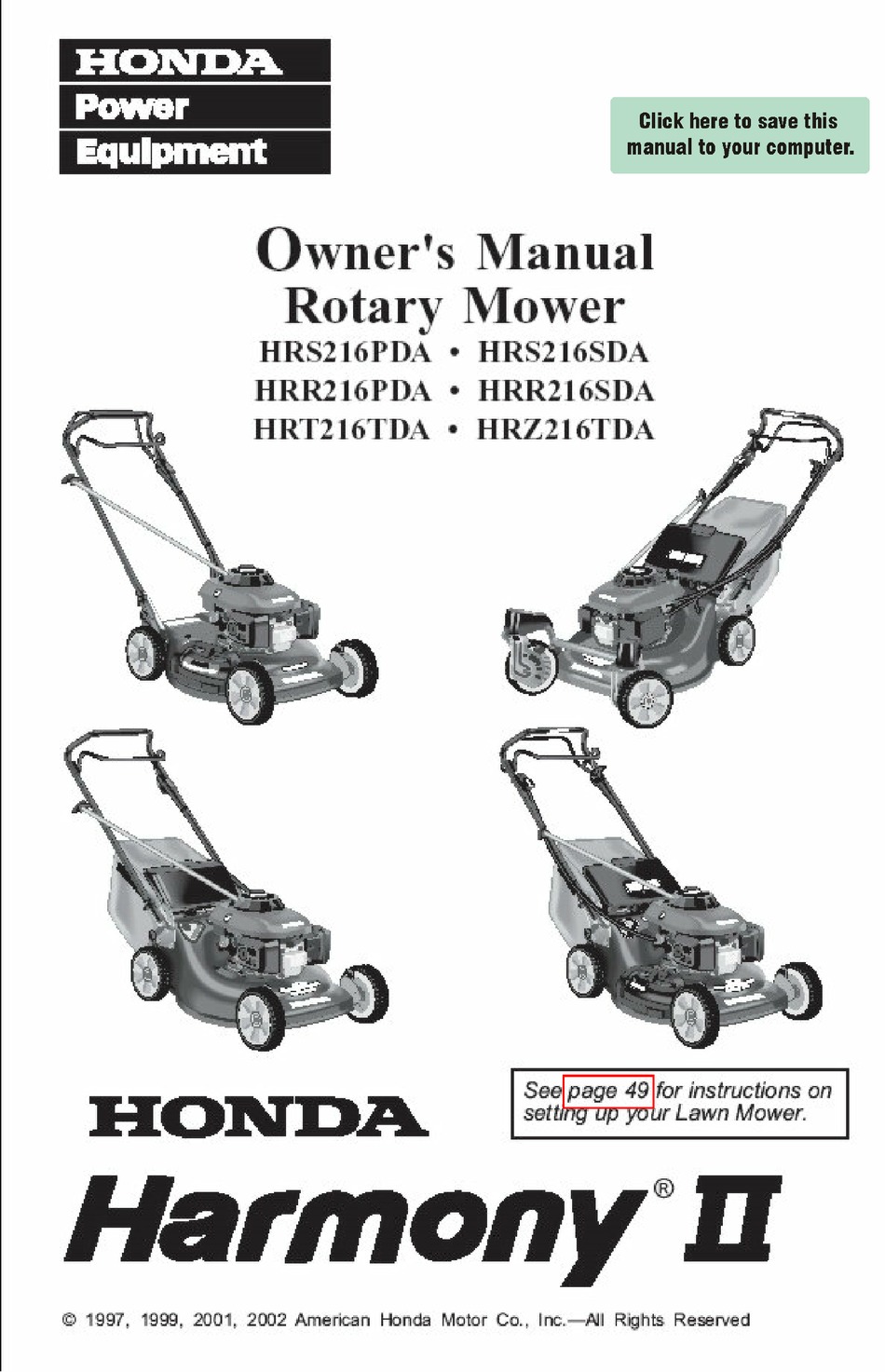 HONDA HRT216TDA HARMONY II OWNER'S MANUAL Pdf Download | ManualsLib