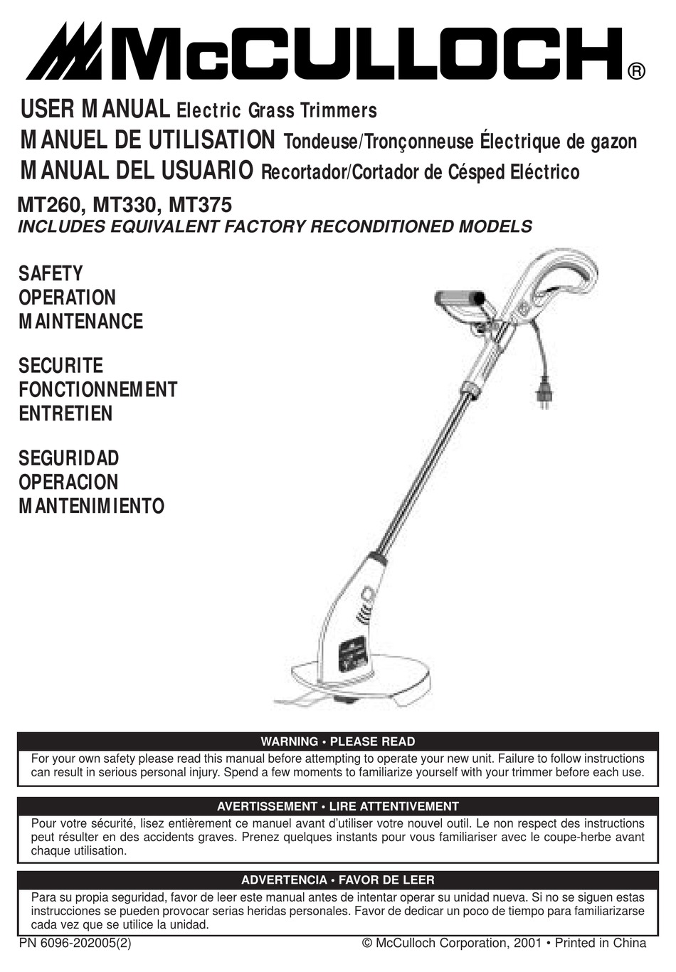 MCCULLOCH MT260 USER MANUAL Pdf Download ManualsLib