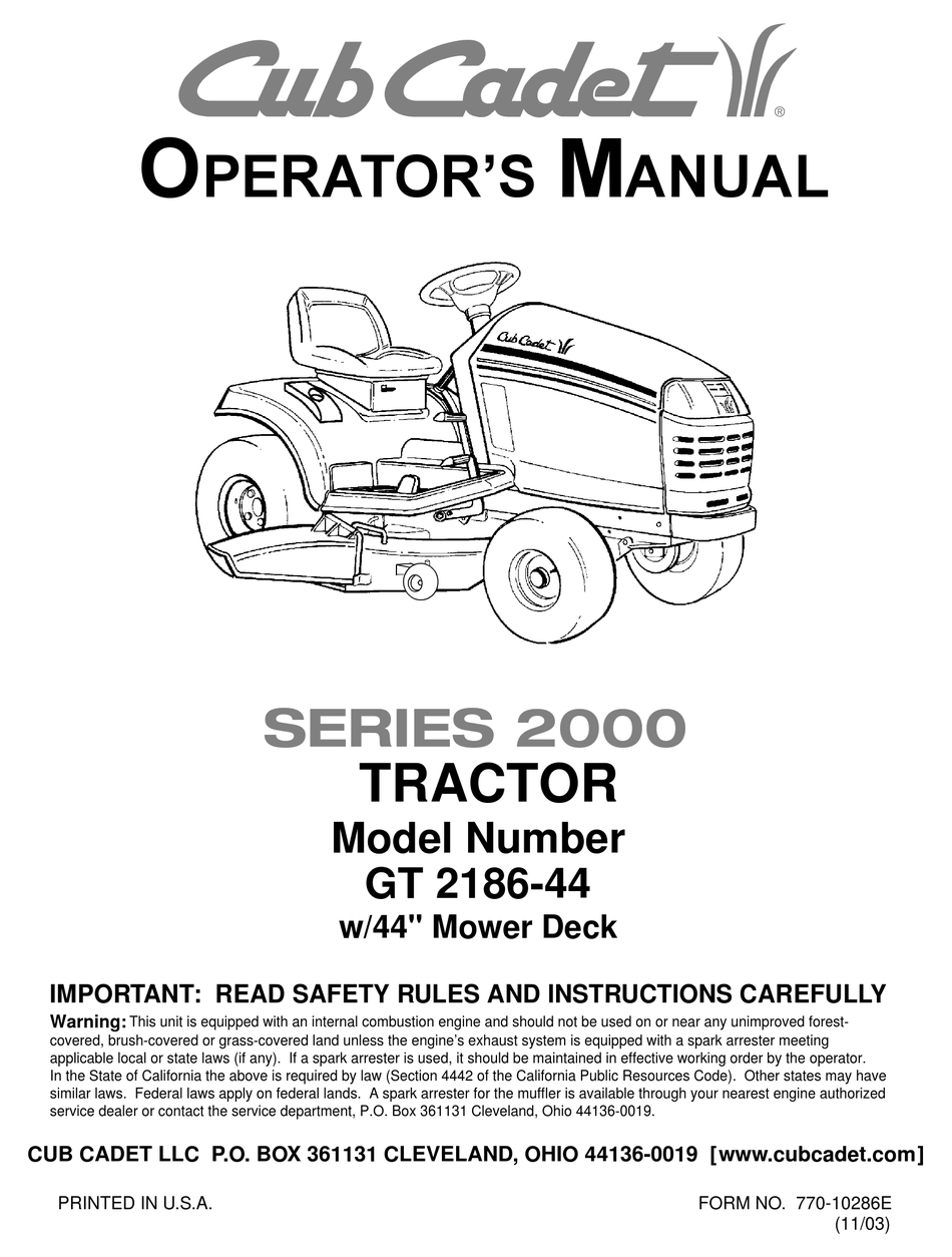 Cub Cadet Gt 2186 44 Operator S Manual Pdf Download Manualslib