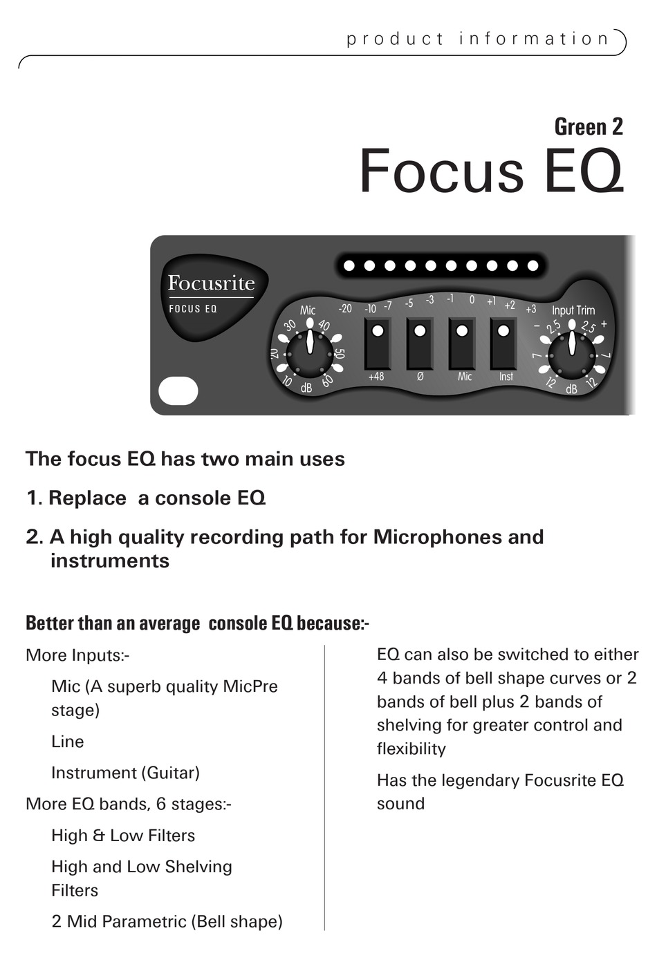 FOCUSRITE GREEN 2 FOCUS EQ PRODUCT INFORMATION Pdf Download