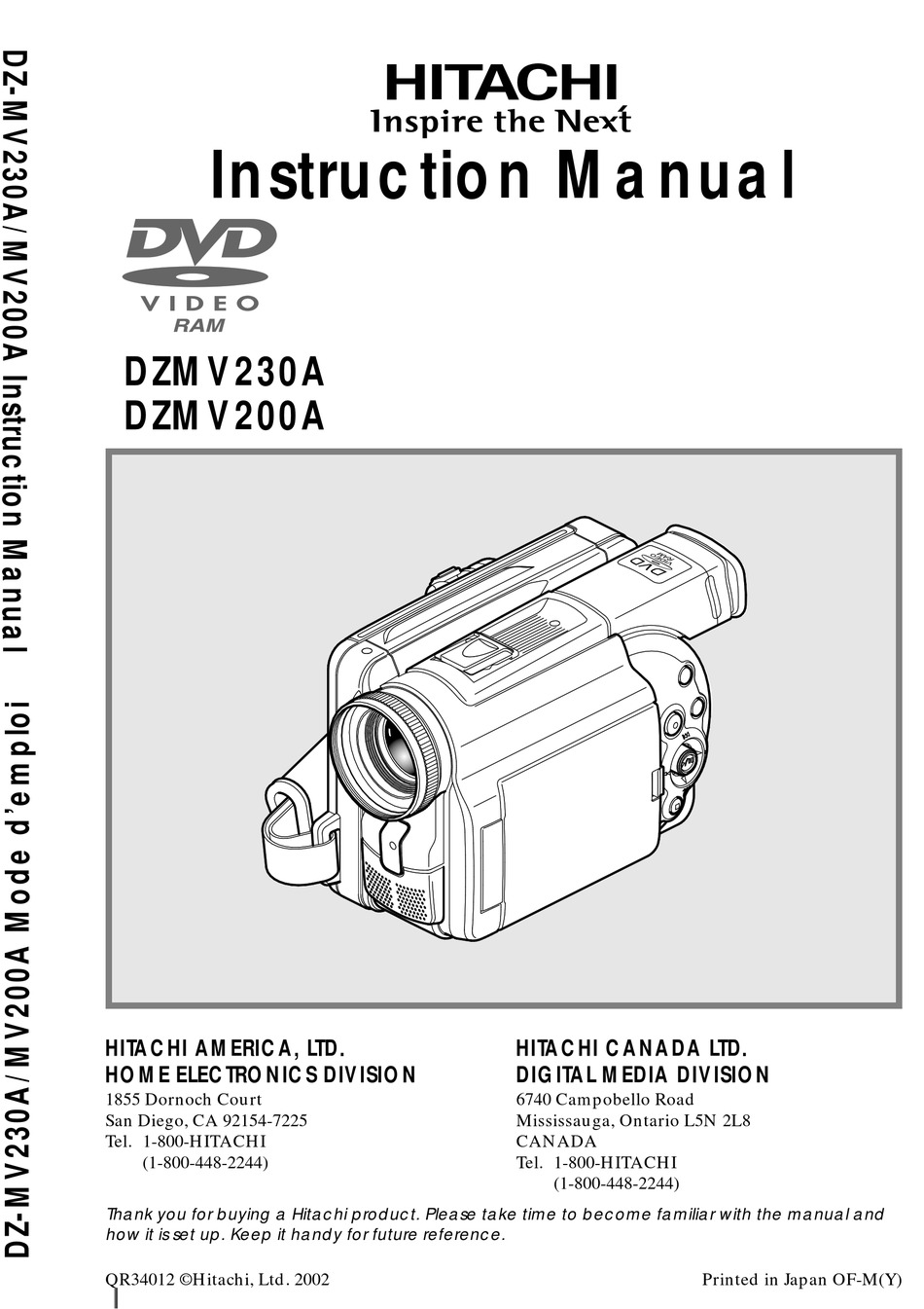 Hitachi Dzmv230a Instruction Manual Pdf Download Manualslib