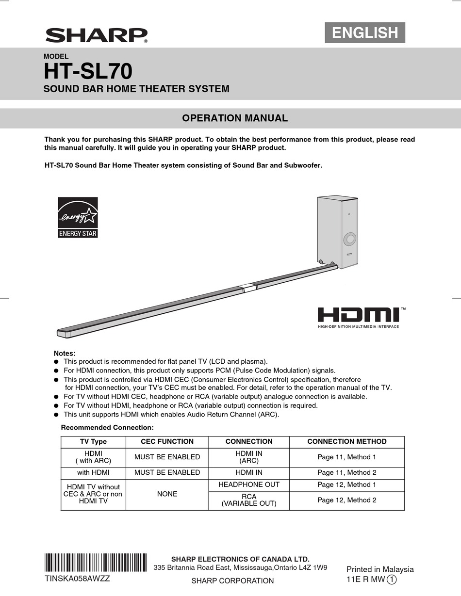 SHARP HTSL70 OPERATION MANUAL Pdf Download ManualsLib