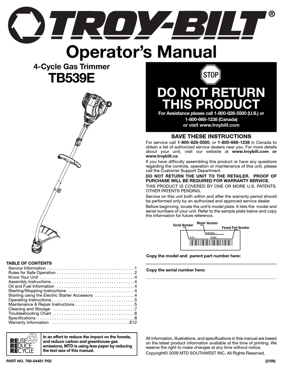 TROY-BILT TB539E OPERATOR'S MANUAL Pdf Download | ManualsLib