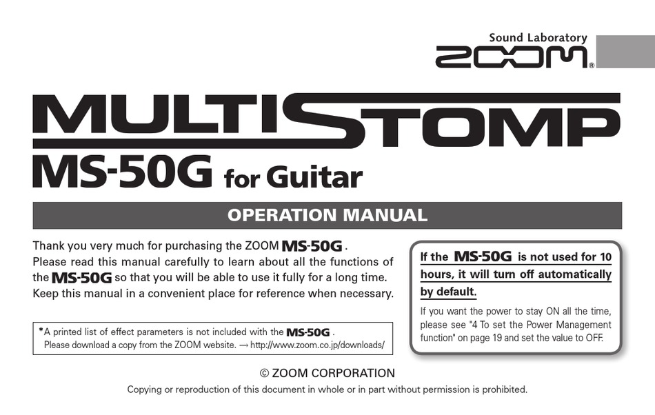 Zoom Multistomp Ms 50g Operation Manual Pdf Download Manualslib