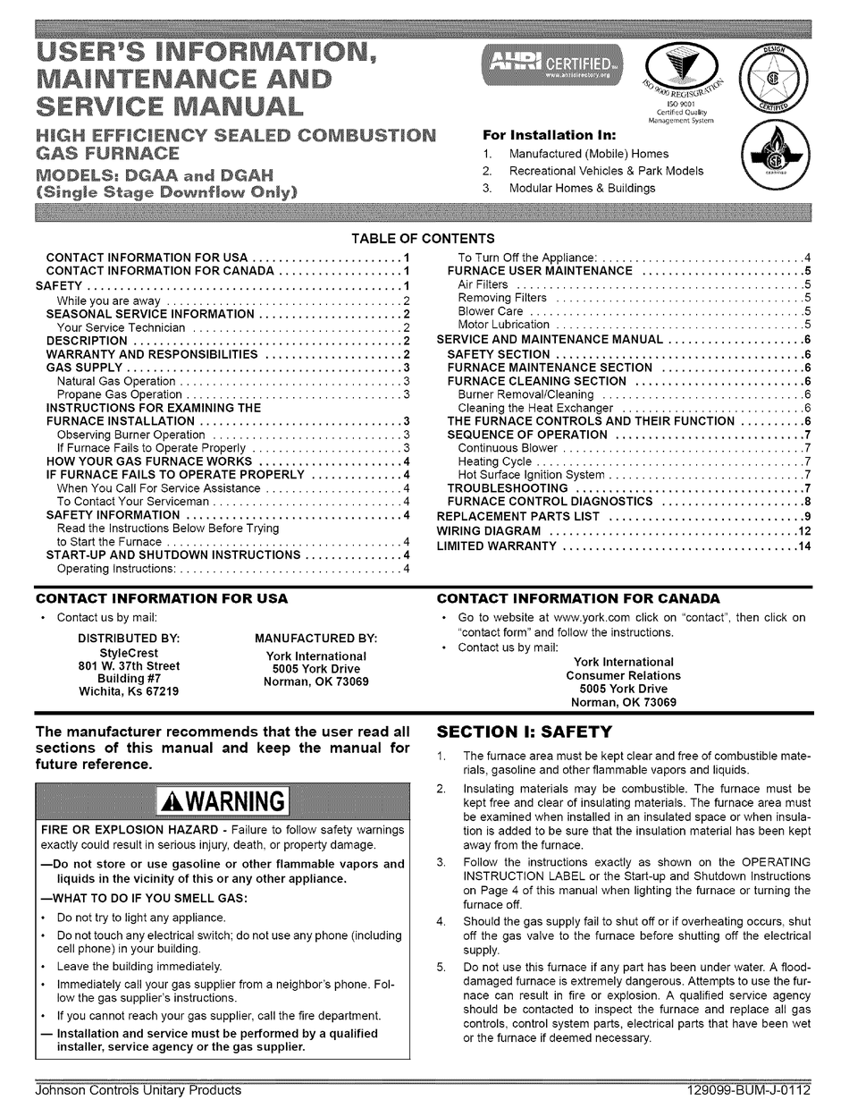 COLEMAN DGAA USER'S INFORMATION MANUAL Pdf Download | ManualsLib