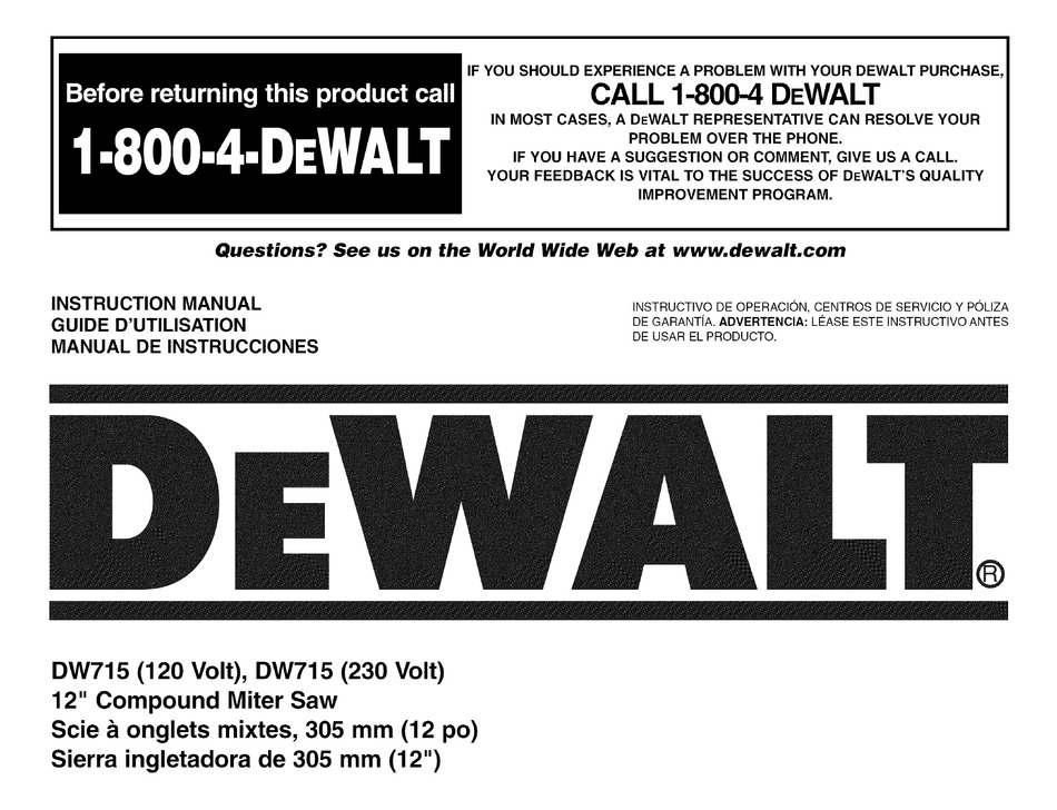 DEWALT DW715 INSTRUCTION MANUAL Pdf Download | ManualsLib