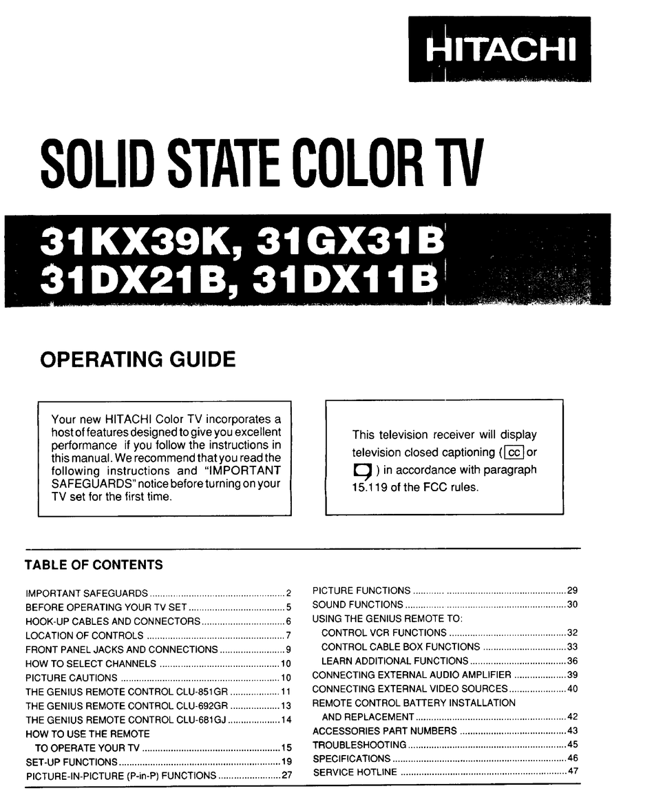 HITACHI 31DX11B OPERATING MANUAL Pdf Download | ManualsLib