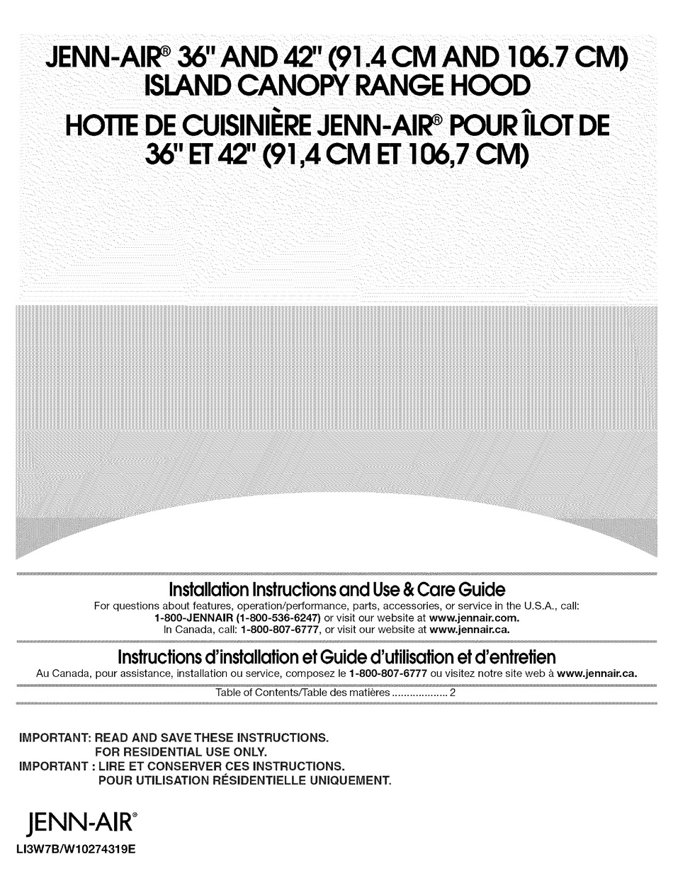 JENNAIR JXI8036WS INSTALLATION INSTRUCTIONS AND USE & CARE MANUAL Pdf