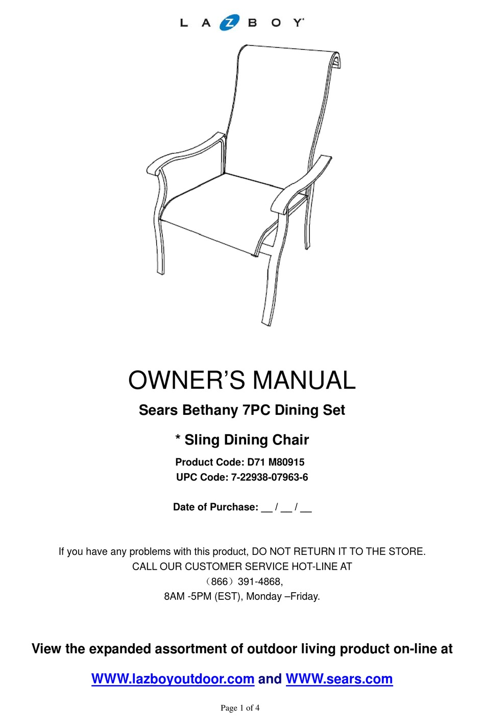 LAZBOY SEARS BETHANY 7PC DINING SET OWNER'S MANUAL Pdf Download