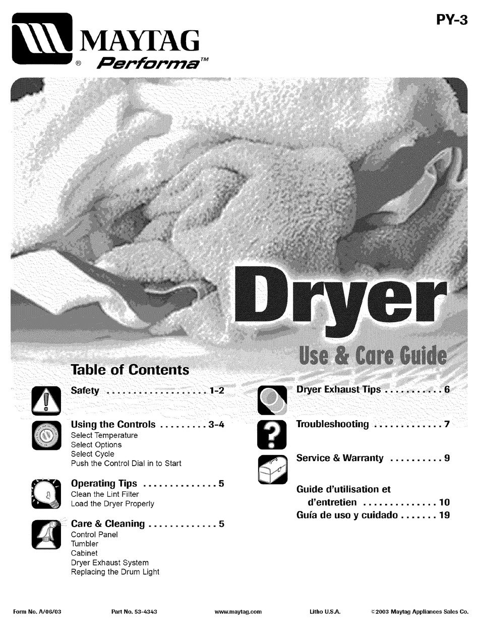 MAYTAG PERFORMA PYGT244AWW USE & CARE MANUAL Pdf Download ManualsLib