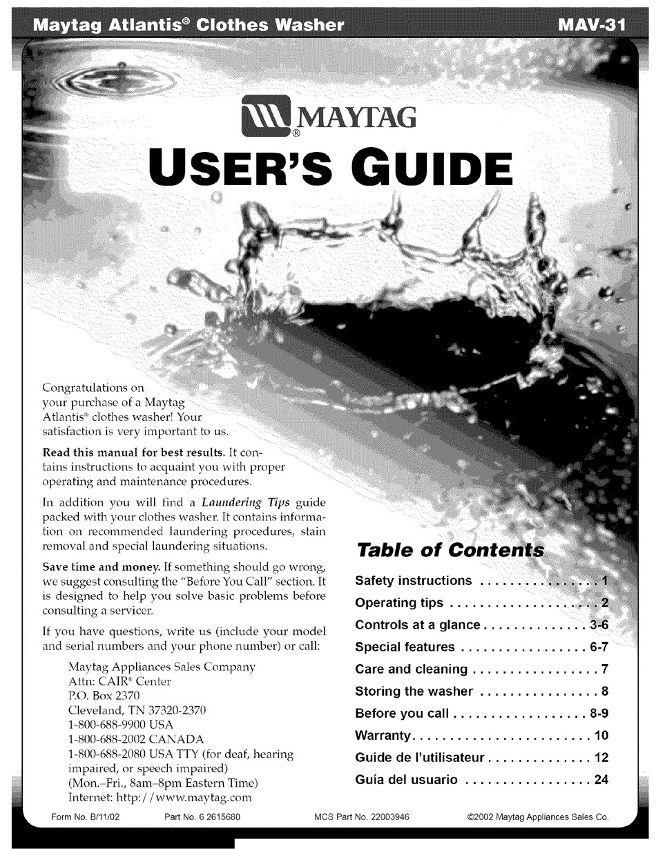 MAYTAG ATLANTIS MAV6451AWQ USER MANUAL Pdf Download ManualsLib