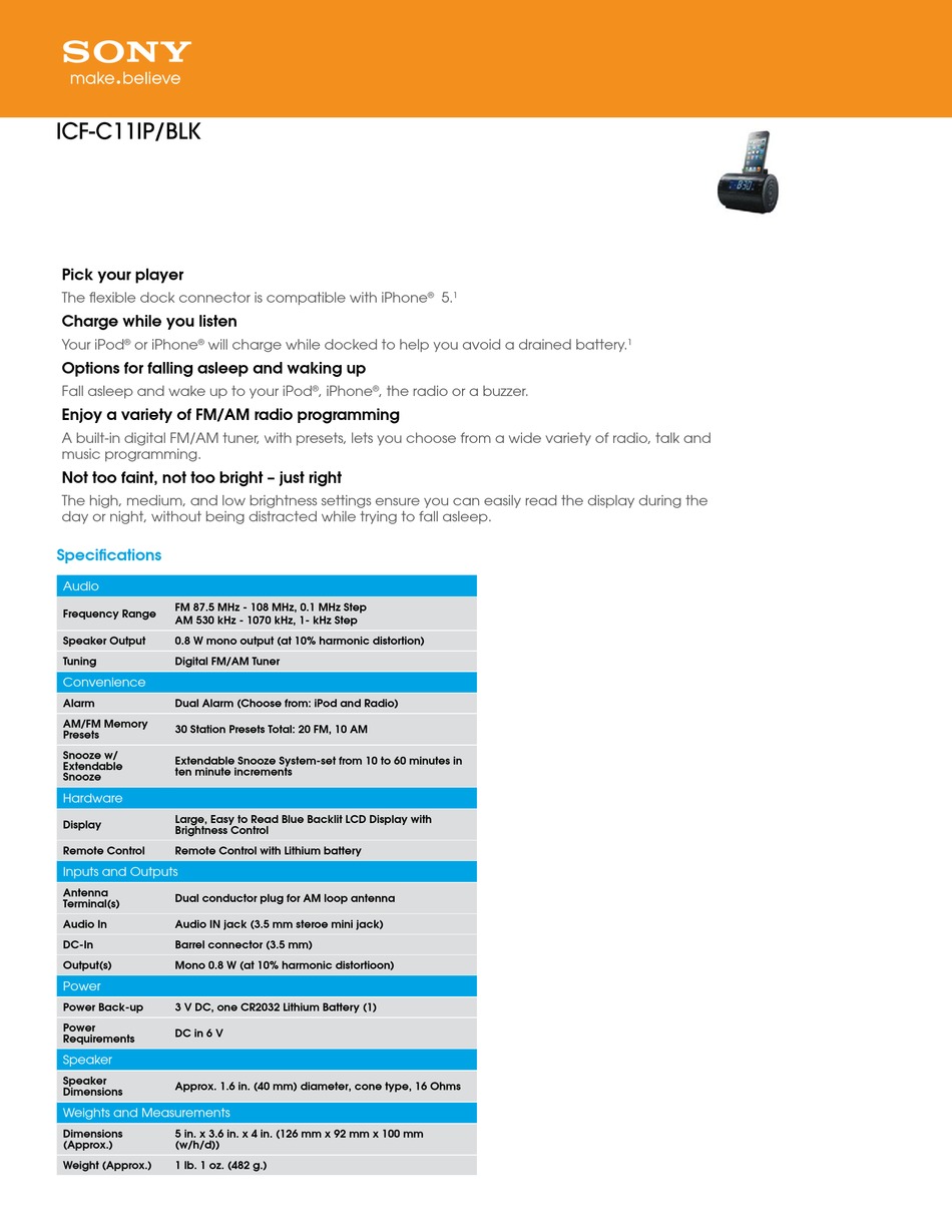 SONY ICFC11IP SPECIFICATIONS Pdf Download ManualsLib