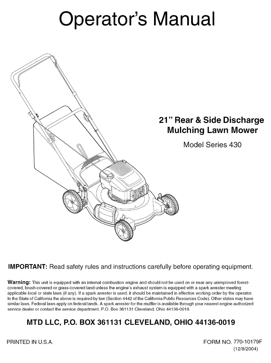 MTD 430 SERIES OPERATOR'S MANUAL Pdf Download | ManualsLib