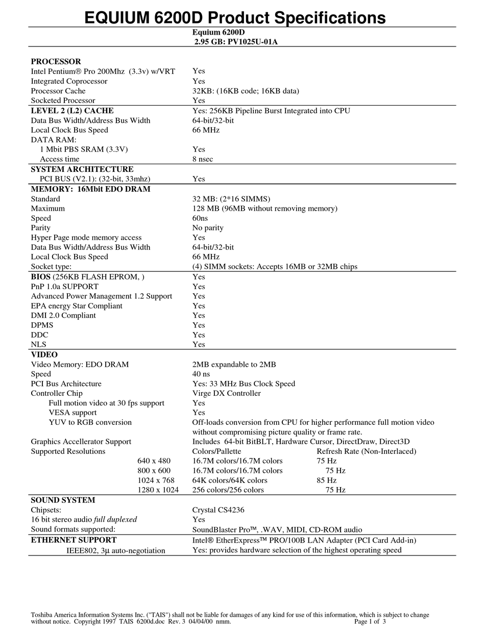 TOSHIBA EQUIUM 6200D SPECIFICATION SHEET Pdf Download | ManualsLib