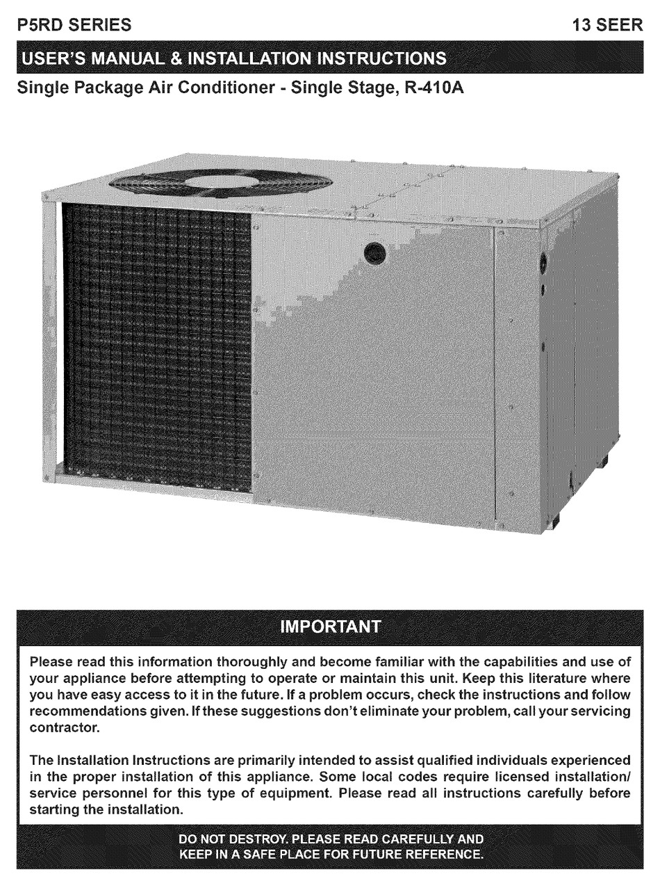 NORDYNE P5RD SERIES USER'S MANUAL & INSTALLATION INSTRUCTIONS Pdf