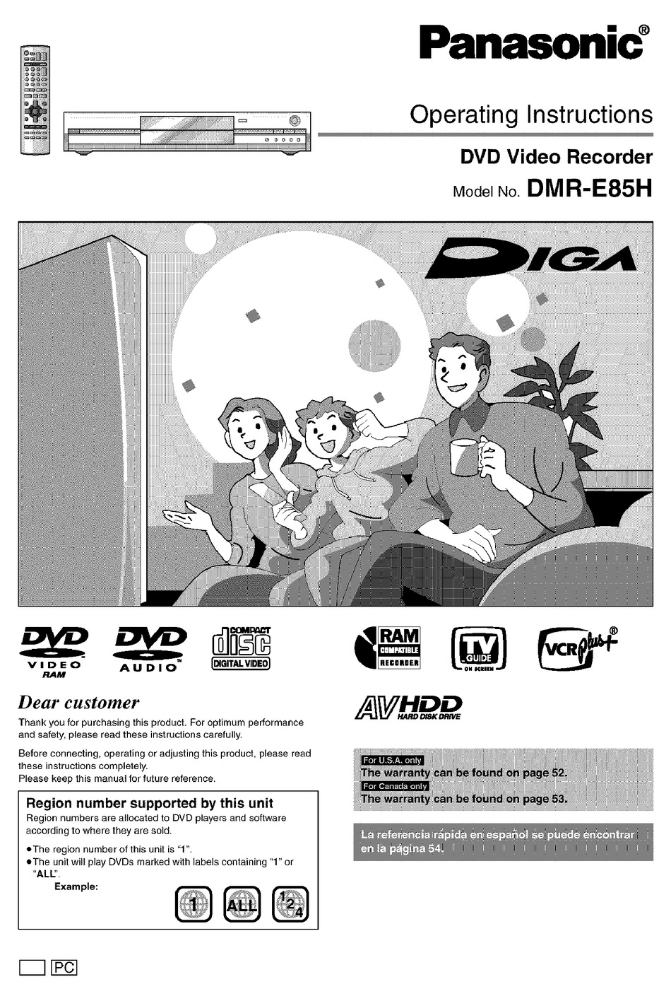 PANASONIC DIGA DMRE85H OPERATING INSTRUCTIONS MANUAL Pdf Download