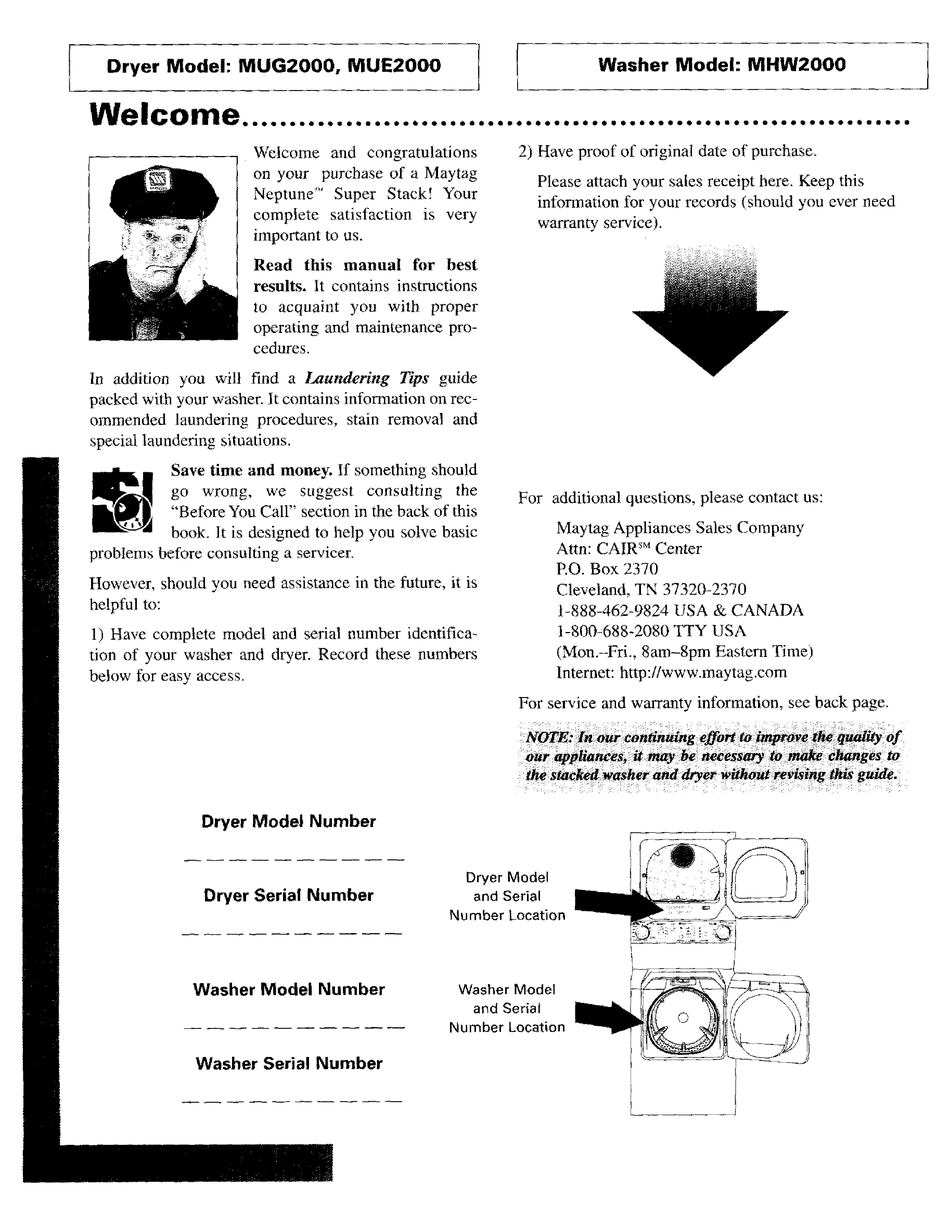 MAYTAG NEPTUNE MUG2000 USER MANUAL Pdf Download | ManualsLib