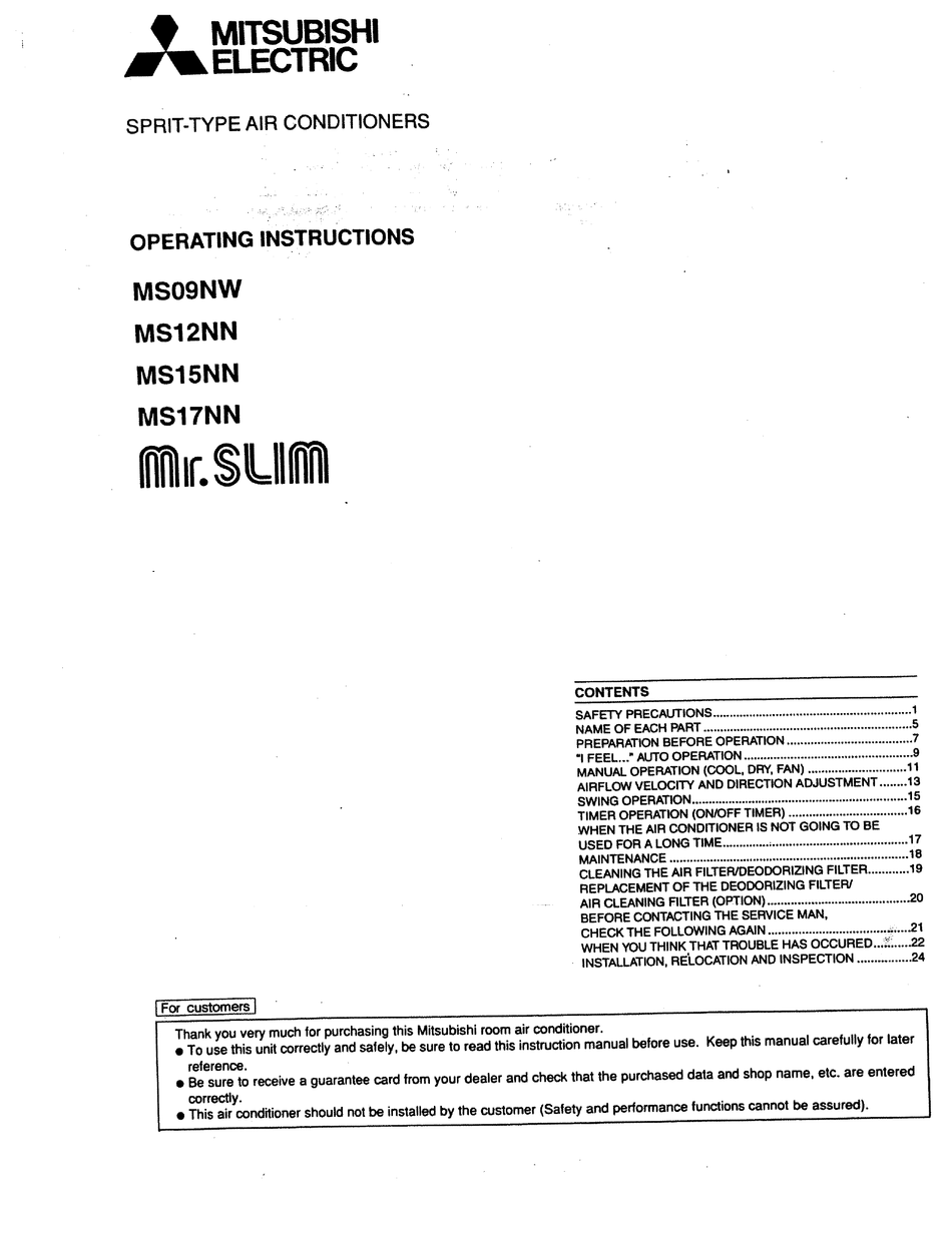 MITSUBISHI MR.SLIM MS17NN OPERATING INSTRUCTIONS MANUAL Pdf Download