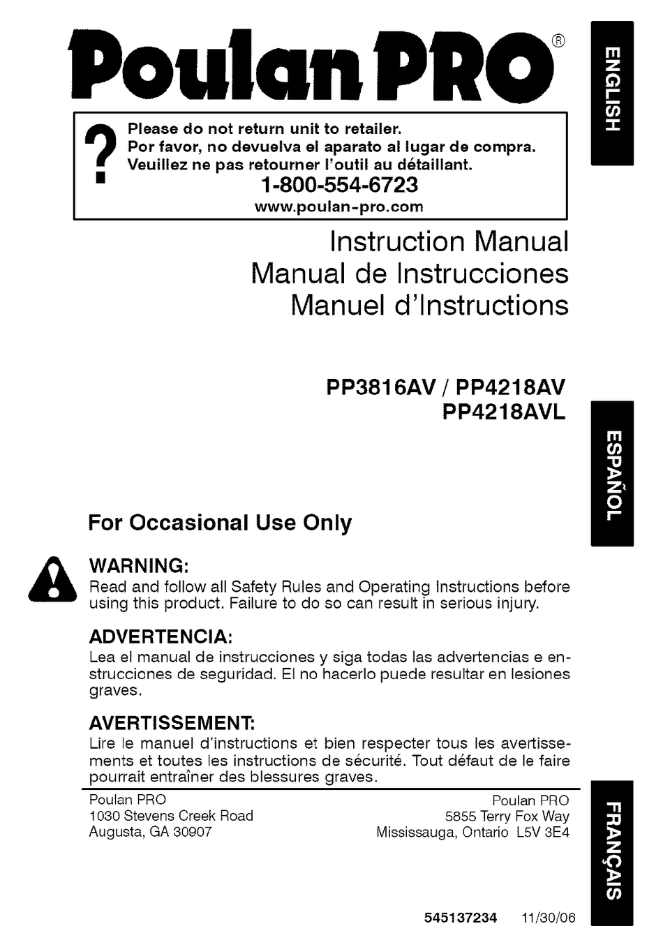 POULAN PRO PP3816AV INSTRUCTION MANUAL Pdf Download | ManualsLib