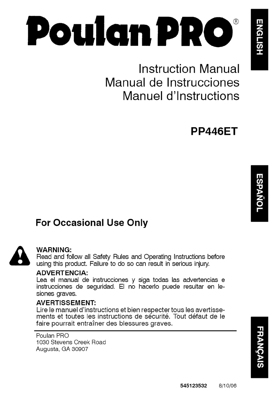 POULAN PRO PP446ET INSTRUCTION MANUAL Pdf Download | ManualsLib