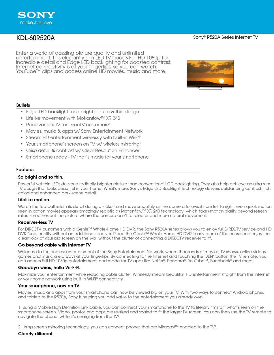 SONY KDL-60R520A SPECIFICATIONS Pdf Download | ManualsLib