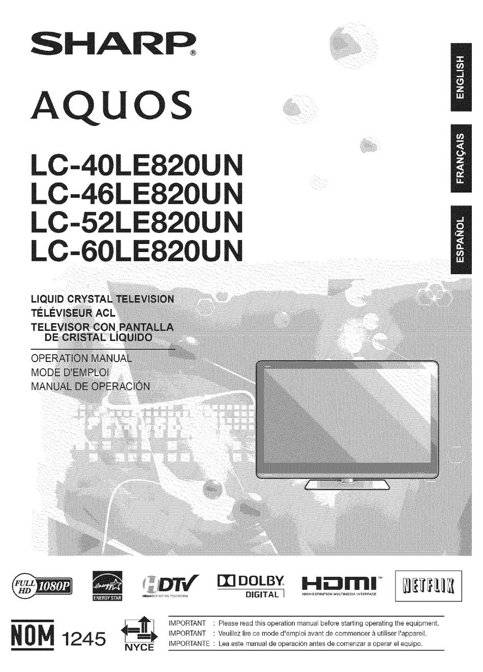 SHARP AQUOS LC-60LE820UN OPERATION MANUAL Pdf Download | ManualsLib