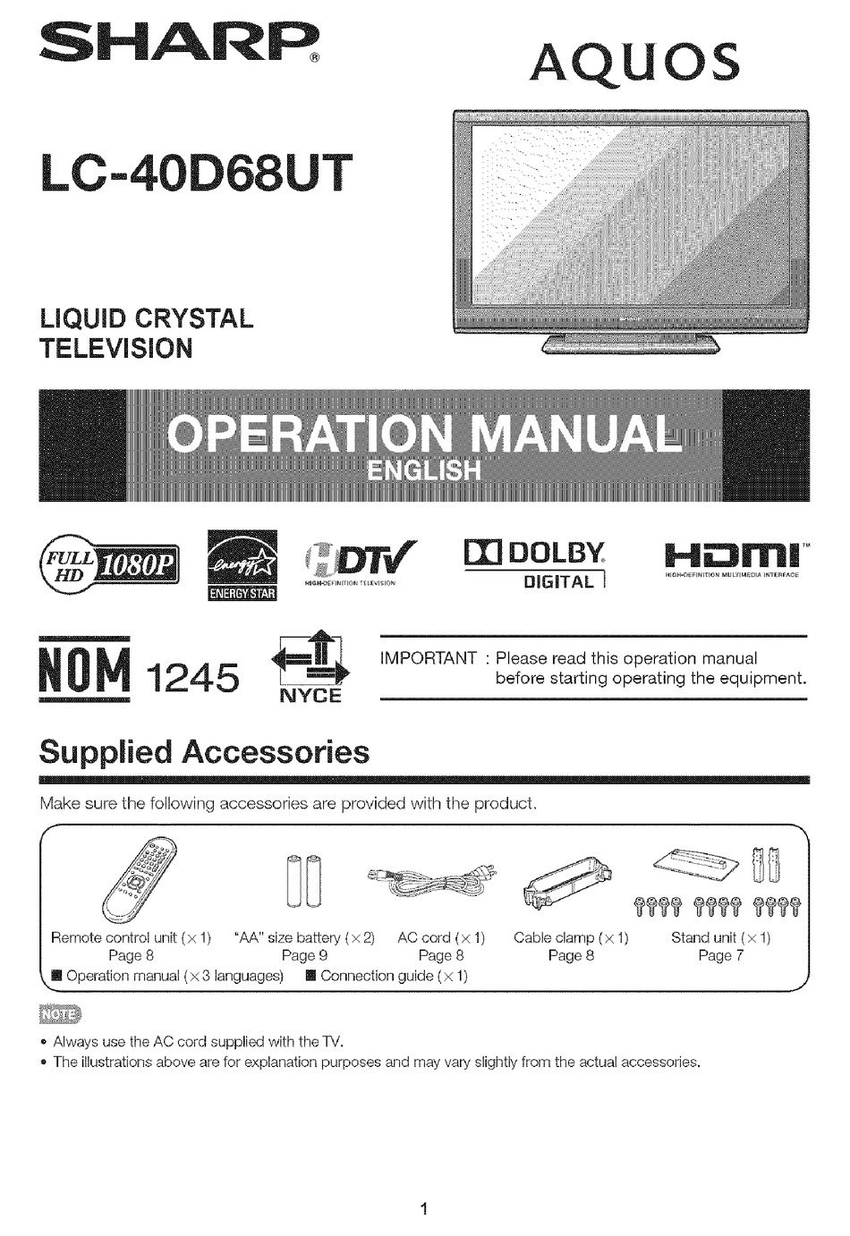 SHARP AQUOS LC-40D68UT OPERATION MANUAL Pdf Download | ManualsLib