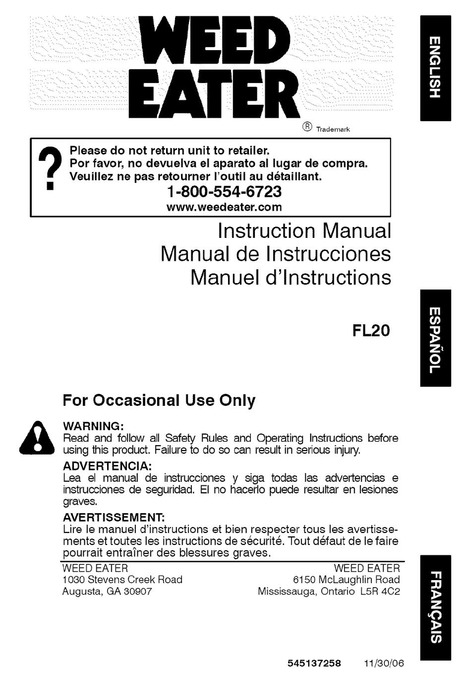 WEED EATER FL20 INSTRUCTION MANUAL Pdf Download ManualsLib