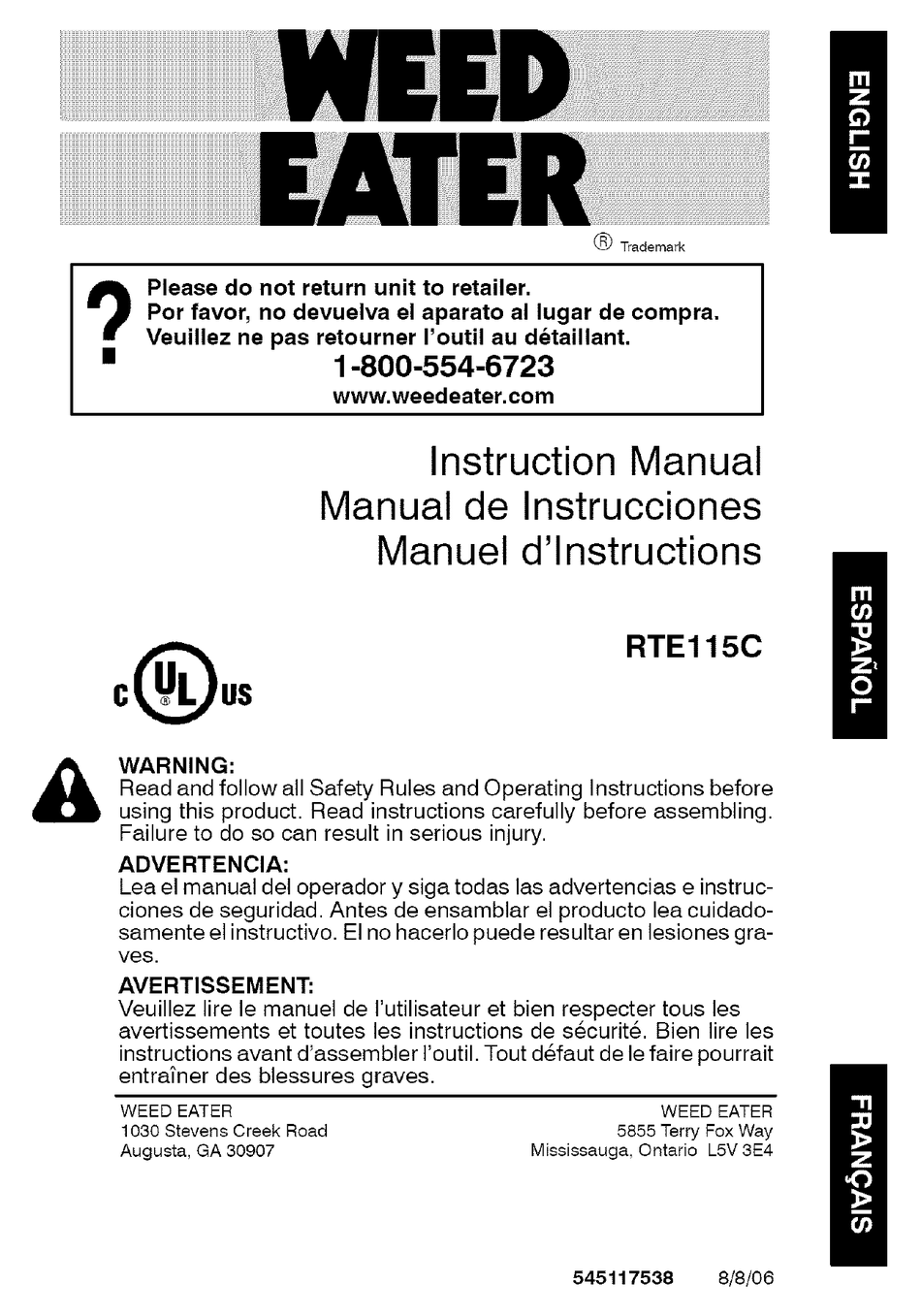 WEED EATER RTE115C INSTRUCTION MANUAL Pdf Download ManualsLib