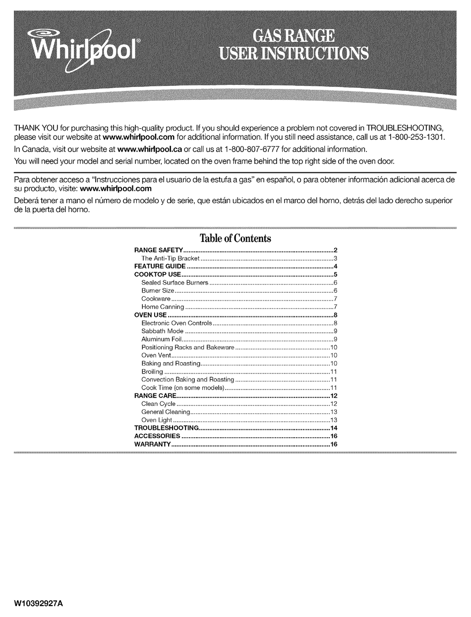 WHIRLPOOL WFG540H0AB0 USER INSTRUCTIONS Pdf Download | ManualsLib