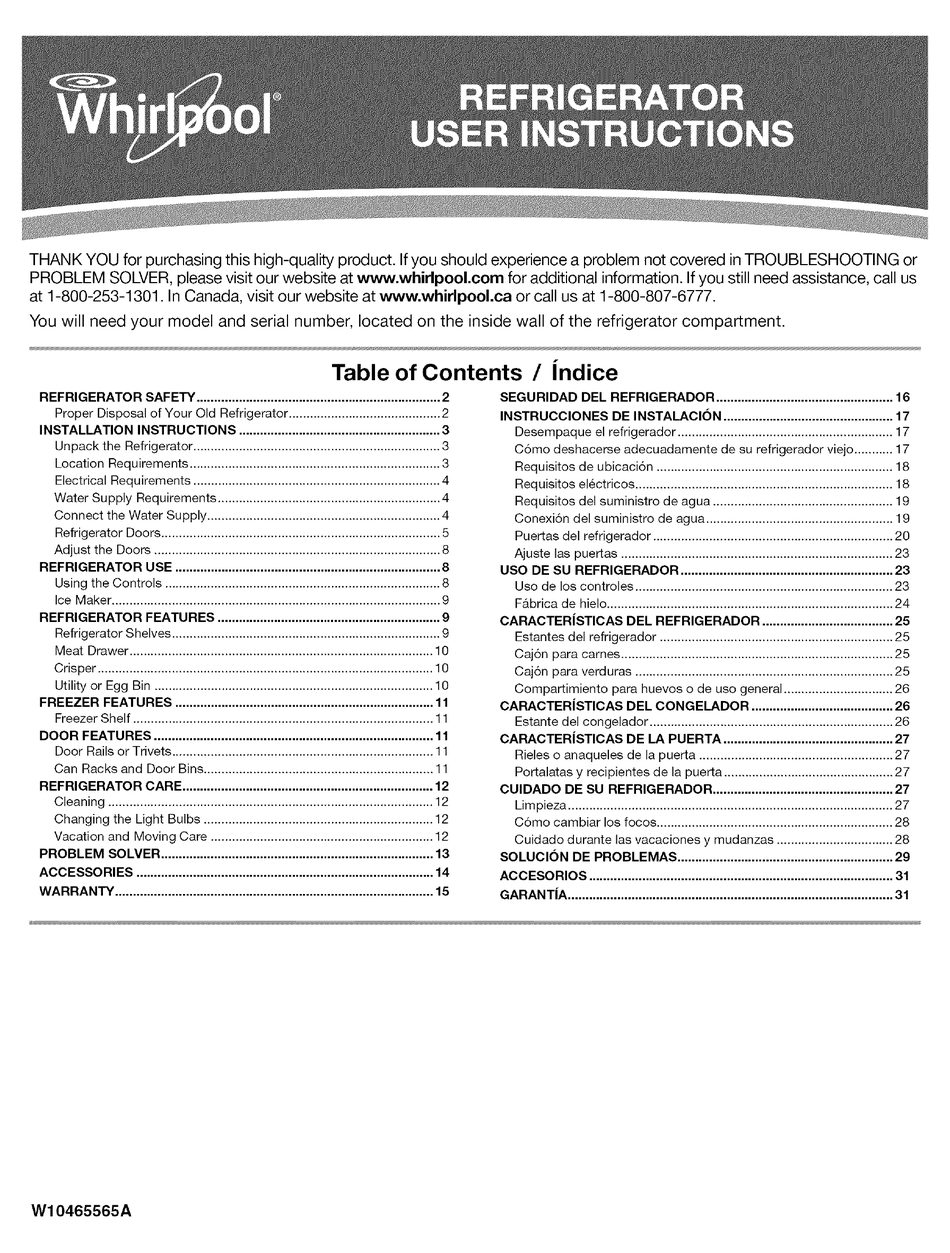 WHIRLPOOL WRT111SFAW00 USER INSTRUCTIONS Pdf Download ManualsLib