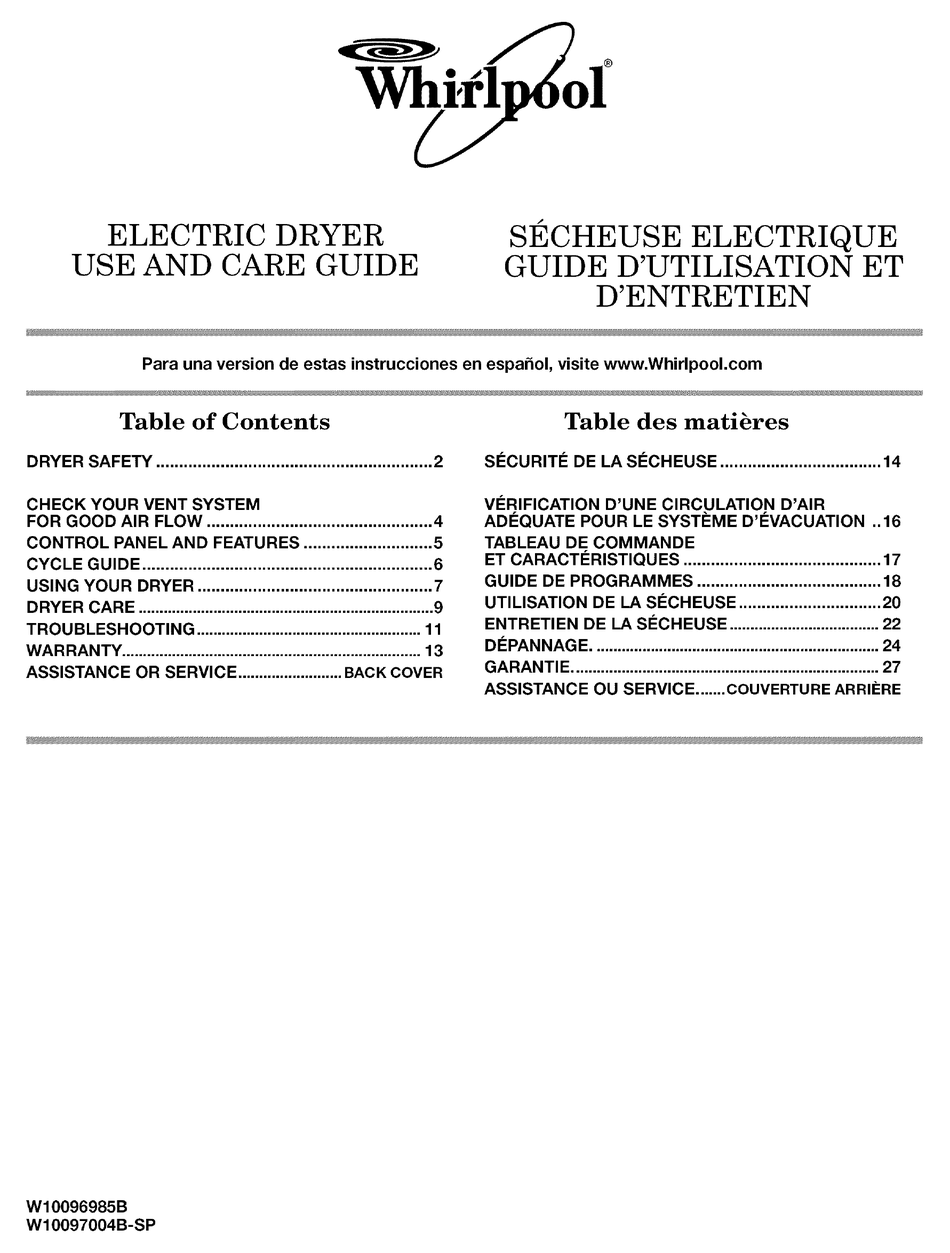 WHIRLPOOL WED5600XW0 USE AND CARE MANUAL Pdf Download | ManualsLib