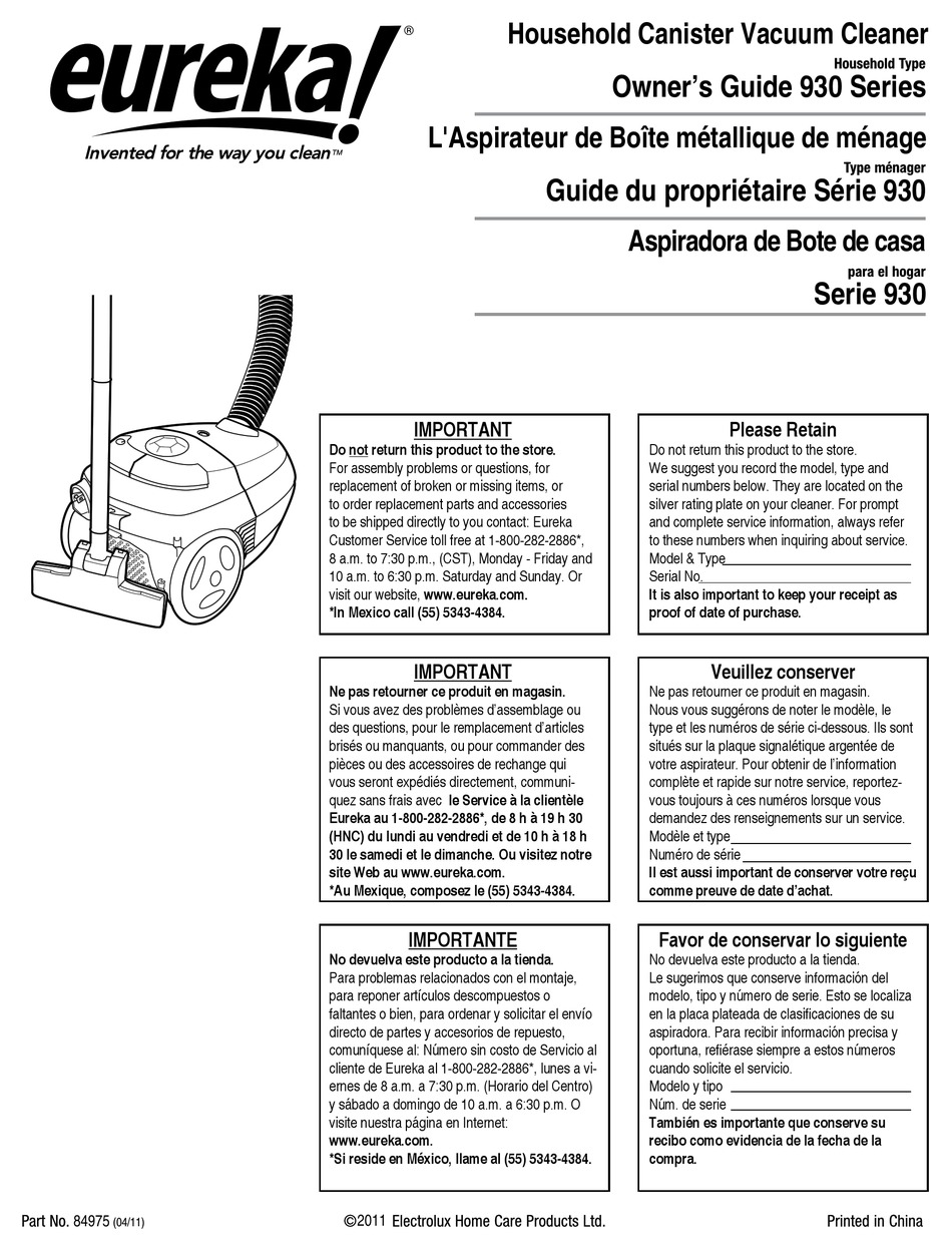 Eureka 930 Series Owner S Manual Pdf Download Manualslib