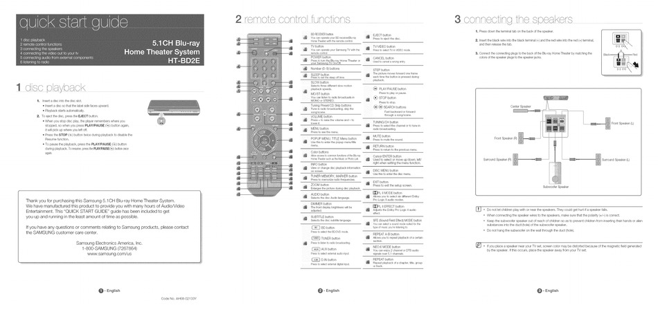 SAMSUNG HT-BD2E QUICK START MANUAL Pdf Download | ManualsLib