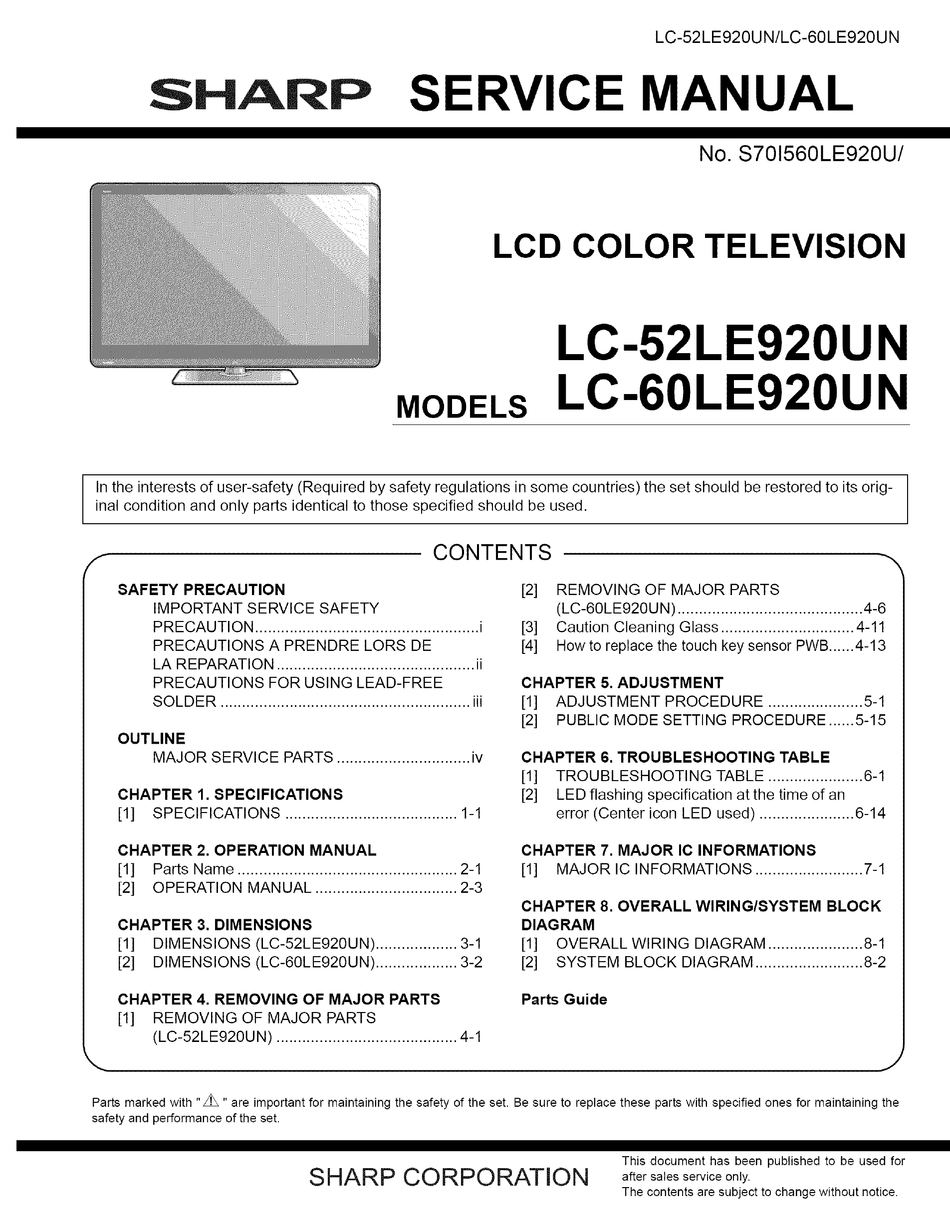 Sharp Lc 60le920un Service Manual Pdf Download Manualslib